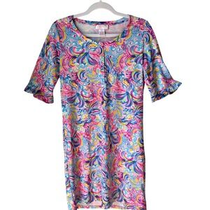 Stella Parker Dress Henley Ruffle Sleeve Colorful Pink Blue Floral UPF SZ SMALL